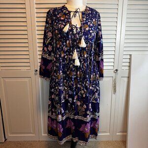 R.VIVIMOS WOMENS MEDIUM PURPLE FLORAL BOHO TASSLE EMPIRE WAIST MIDI DRESS